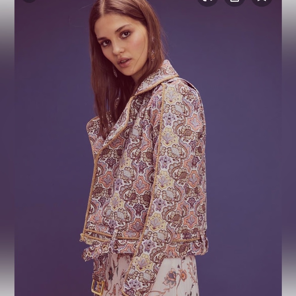 NWT For Love & Lemons Pink/Brass Brocade Moto Jacket S